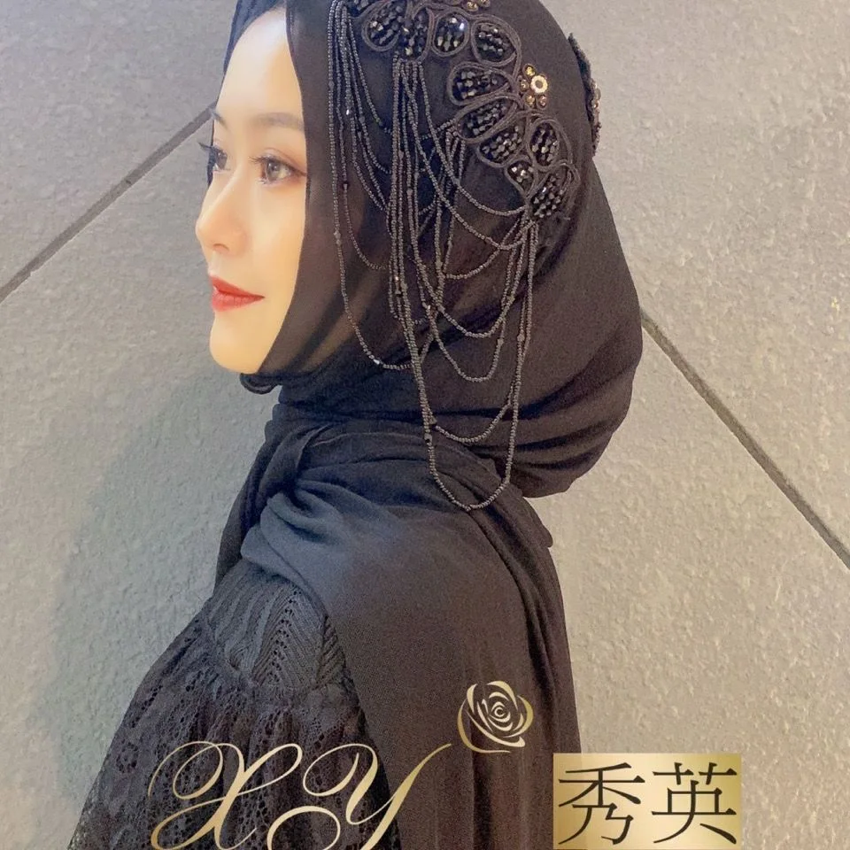 Длинный Шифоновый хиджаб с бисером и кисточками для мусульманских женщин из