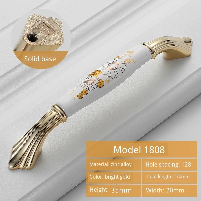JD European Cabinet Wardrobe Door Single Hole Handle Gold Ceramic Handle Modern American Flower Pattern Drawer Furniture Handle - Цвет: 1808-C.C128mm