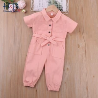 humor bear summer girl pink short sleeve denim romper jumpsuit playsuit turn down collar toddler children clothes