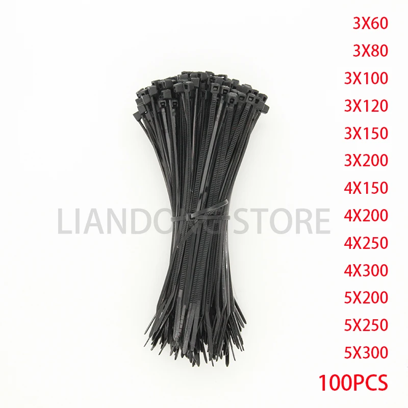 Самоблокирующиеся пластиковые нейлоновые кабельные стяжки 100 шт. черные