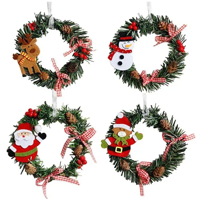 

Mini PVC Christmas Wreath DIY Xmas Ornament With Elk Snowman Santa Claus Baubles Christmas Wreath Door Window Decorations