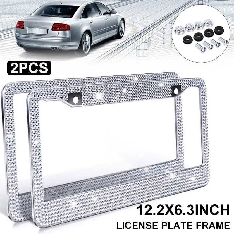 

Рамка для номерного знака с блестящими кристаллами, 2 шт., держатель для крышки номерного знака из нержавеющей стали, женские Стразы ручной р...