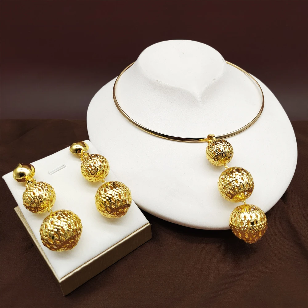 

Модное ювелирное изделие, набор мяч ожерелье кулон и серьги для женщин и девочек золотой сет Дубай Цвет в африканском стиле на день рождения...