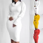 Женские однотонные облегающие платья с высоким воротником и длинным рукавом, теплые осенние женские платья-свитера, пуловеры, свитер, повседневное вязаное платье