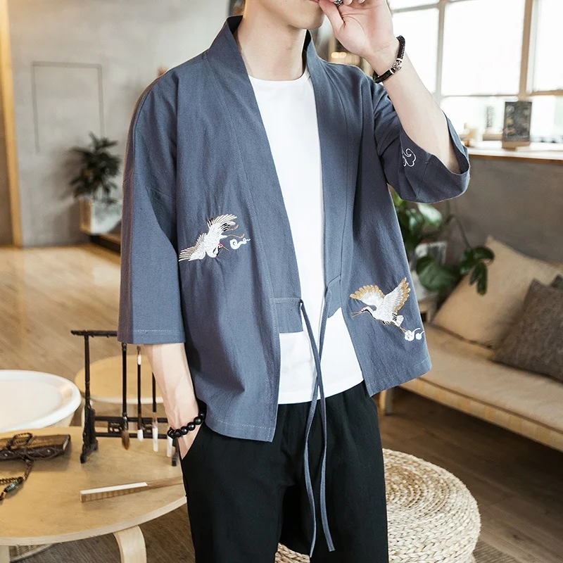 Японское мужское кимоно с вышивкой куртка этническая верхняя одежда винтажный