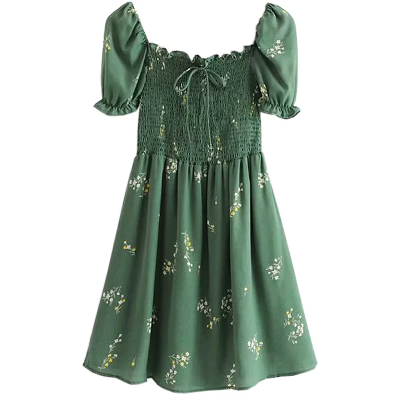 

20 Summer French Niche Green Pastoral Floral Elastic Pleated Slim-Fit Retro Girl Island Vacation Style Dress
