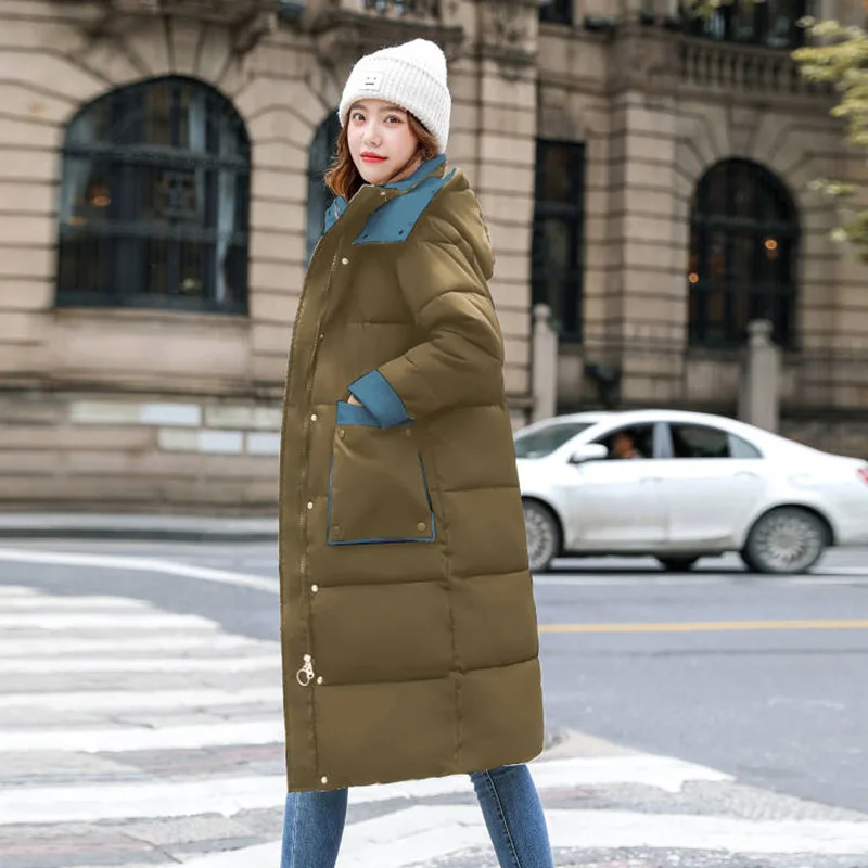 2021 Elegant Hooded Thicken Women Coats Long Straight Winter Coat Pockets Stylish Outerwear Loose Full Sleeve Female Jacket