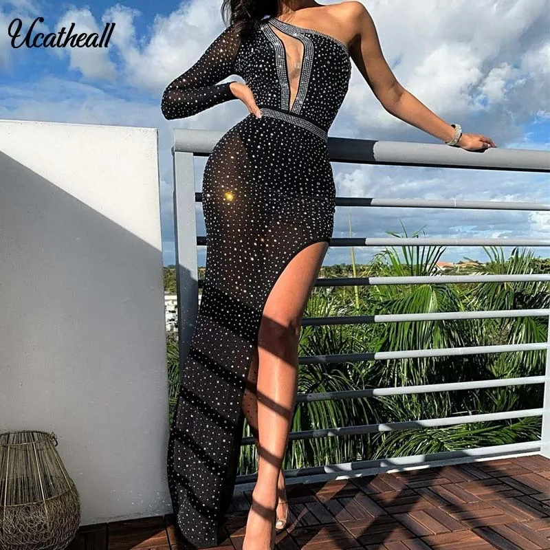 

На Одно Плечо, топ продаж, платье В лоскутном стиле сетчатые прозрачные Разделение женские сексуальные платья для женщин, вечерние, для ночного клуба, Bodyocn платье