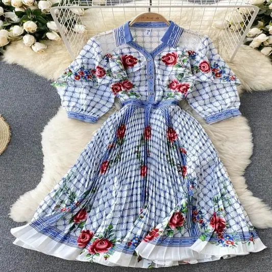 

Women's Elegant Ruffle Sleeve Plaid Shirt Dress Summer Autumn Streetwear Holidat Midi Long Dress Ladies Single Breasted Vestidos