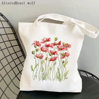 women shopper bag red poppies printed kawaii bag harajuku shopping canvas shopper bag girl handbag tote shoulder lady bag