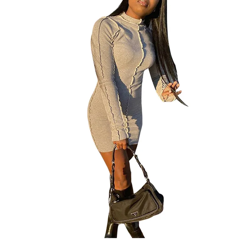 

2021 Women Pencil Dress Long Sleeve High Waist Turtleneck Slim Fit Spring Autumn Party Elegant Casual Laides Bag Hip Outfit