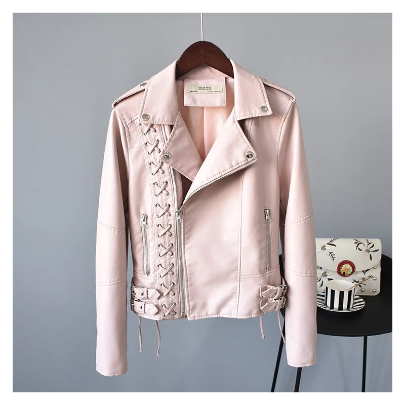 

Womens Leather Jacket 2021 Autumn Lace-up Rivet Suit Collar Waist Belt Fashion Motorcycle Black Short Coat PU Faux Leather