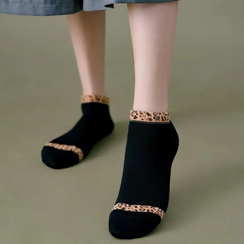 5 Pairs Solid Leopard Cotton Crew Sock Girls Short Spring Embroidery Summer Socks Woman Cotton Leopard Embroidered Ankle Socks