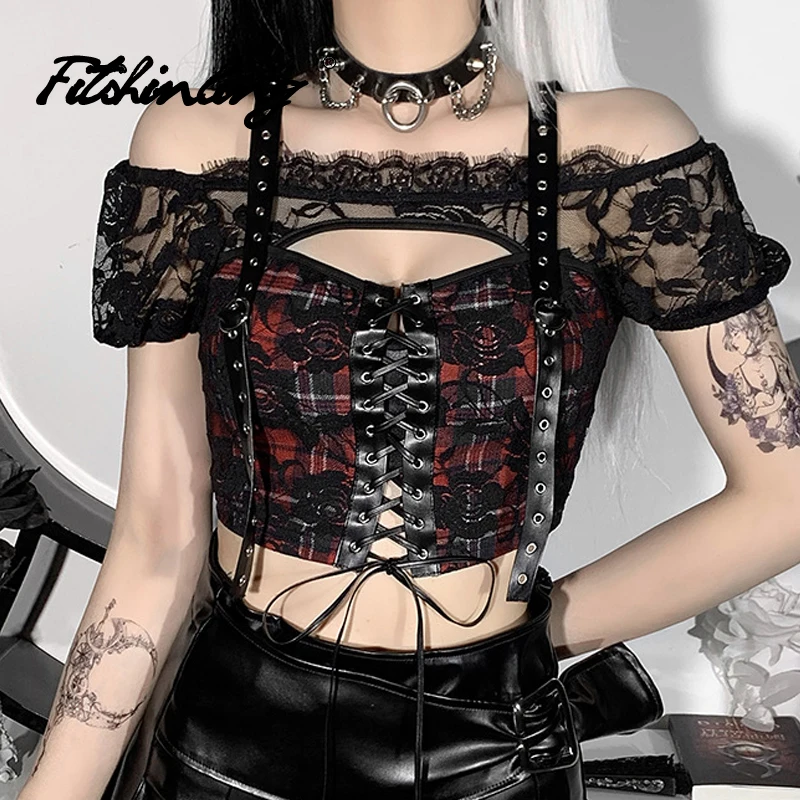 

Fitshinling Goth T-shirt Lace Up Eyelet Belt Tees Floral Embroidery Plaid Gothic Top Dark Cropped Feminino See Through Camis