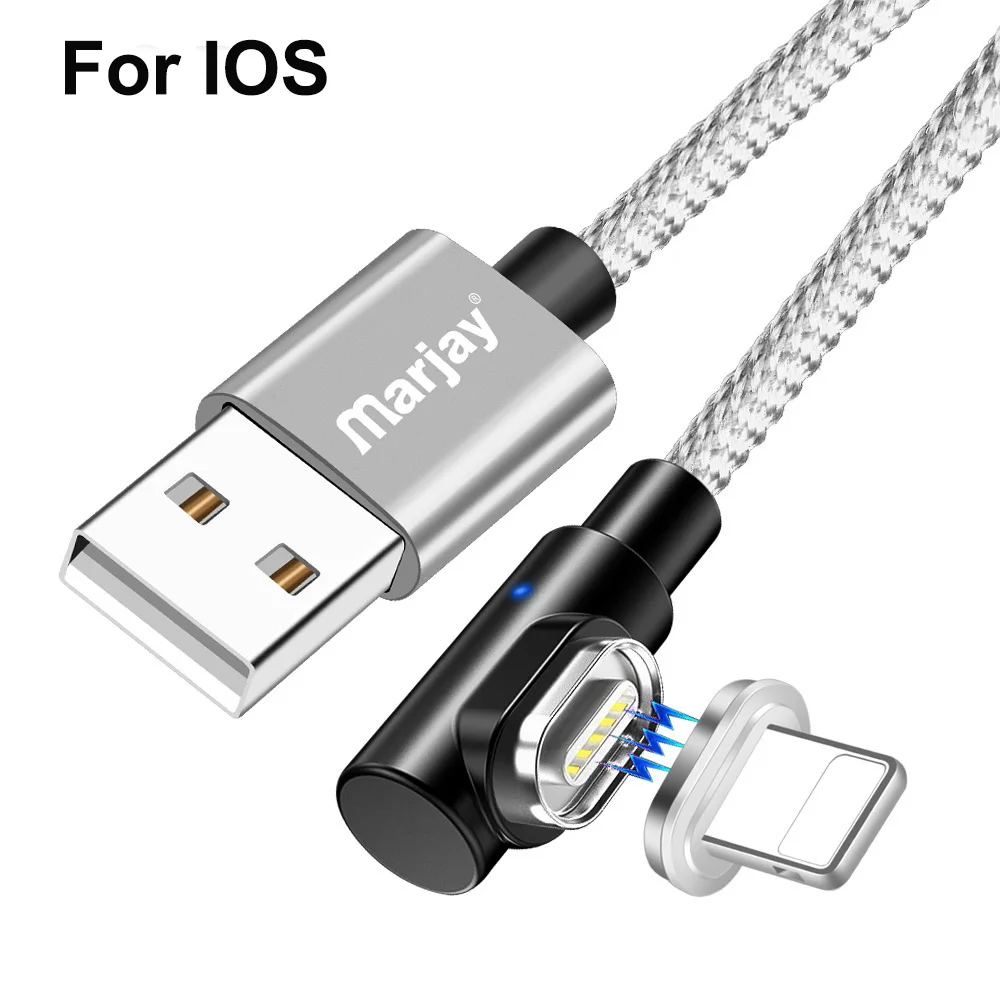 Магнитный кабель Marjay, 90 градусов, Тип C, Micro USB C, быстрая зарядка, Microusb type-C, магнитное зарядное устройство, usb c, зарядный Шнур для iphone 7, 6 - Цвет: Silver IOS Cable