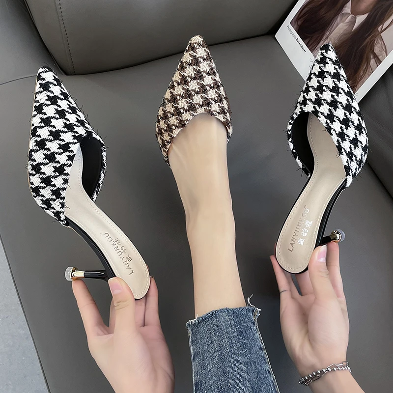 

Women's High Heels Fashion Plaid Pointed Thin Heel Mules