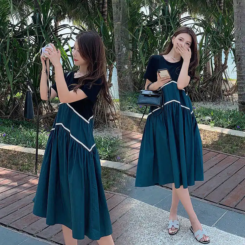 

2021 new large-size women's Patchwork dress women's soft wind dress waist slimming temperament short-sleeved skirt women loose b