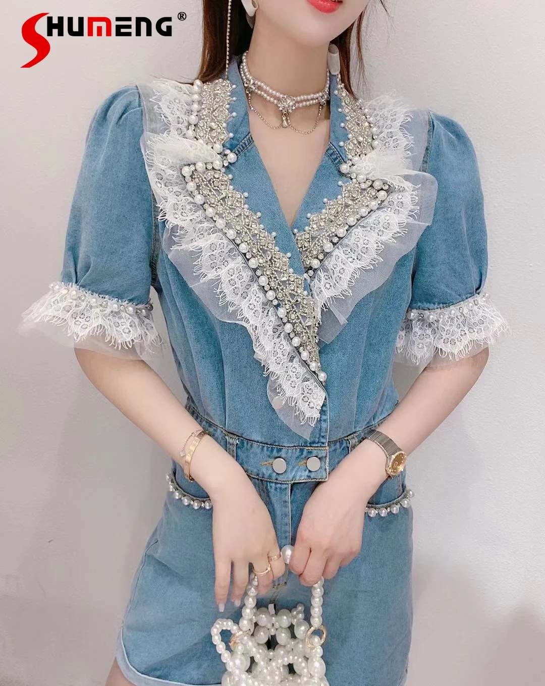 

2021 Summer Fashion Ladies High Street Jeans Suit New Beaded Lace Loose Rompers Shirt Short Sleeve Western Women Jumpsuit Shorts