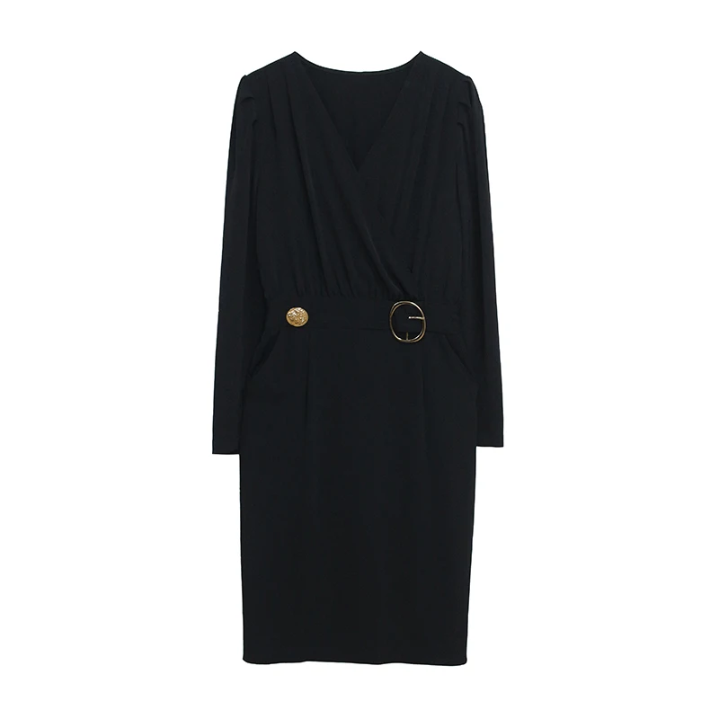 Женское черное платье с запахом новинка весны 2020 винтажное миди металлическим