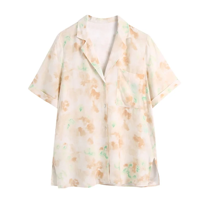 

2021 New Women Fashion Tie-Dye Print Loose Blouses Vintage Short Sleeve Button-up Side Vents Female Shirts Streetwear