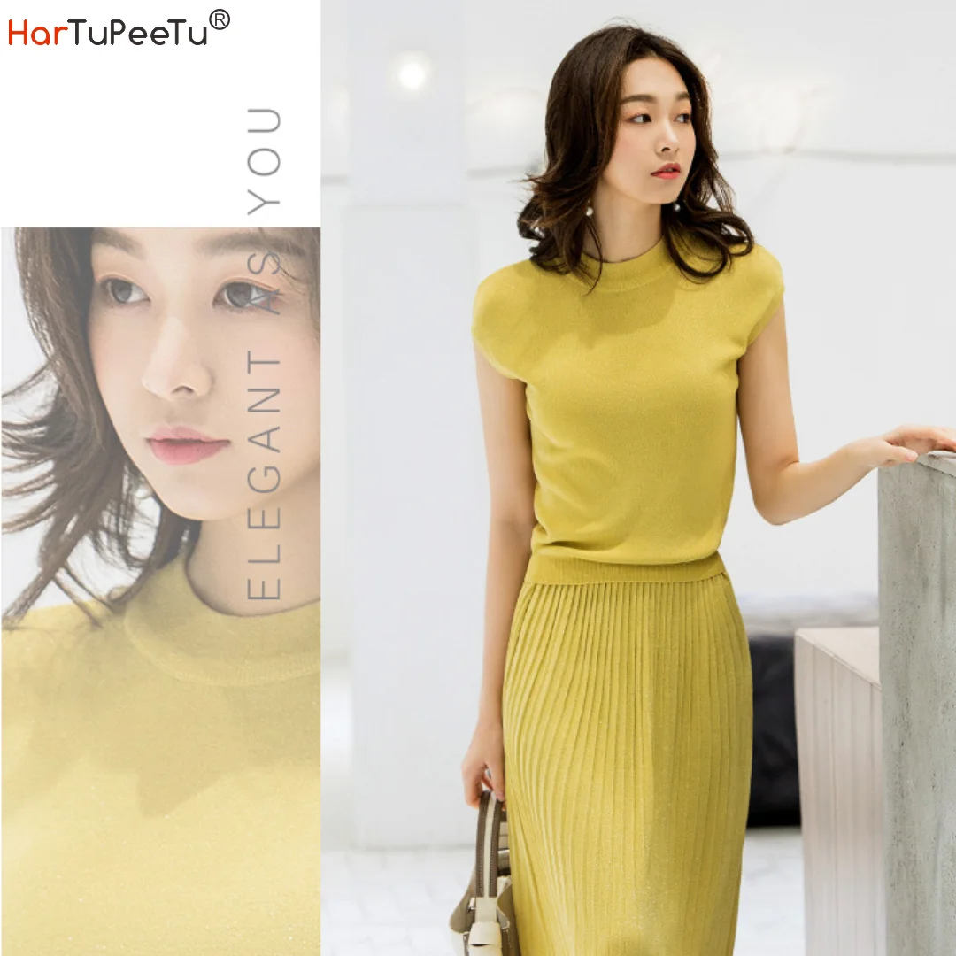 

2in1 Elastic Slim Top Loose Waist Pleated Dress Elegant Women Summer Fashion Ladies Leisure Two Piece Dresses Medium Length