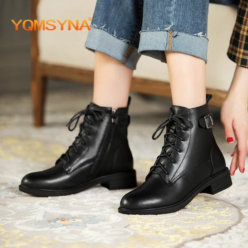 

Женские полусапожки YQMSYNA, зимние теплые полусапожки из натуральной кожи с круглым носком, на молнии, на квадратном каблуке, со шнуровкой, AS414