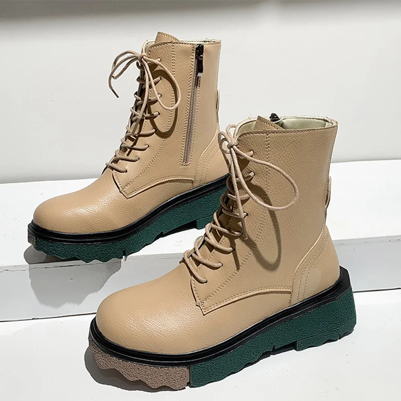 

Woman Boots Platform Shoes For Women 2021 Autumn New British Style Solid Round Toe Cross-Tied Fashion Mid-Calf Martin Boots