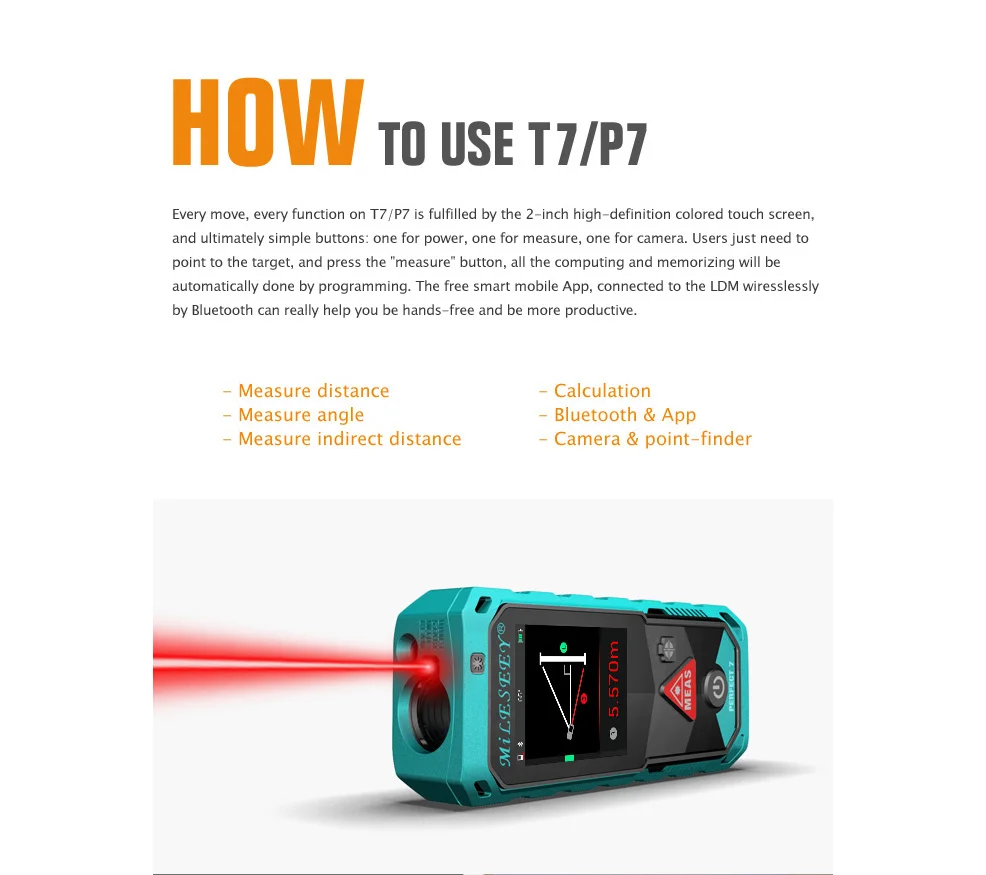 Mileseey T7/P7 Лазерный Bluetooth дальномер 40 м 60 м 100 м дальномер с поворотным сенсорным экраном перезаряжаемый лазерный измеритель линейки