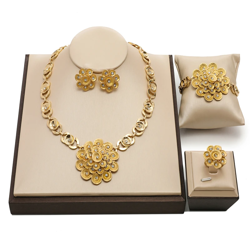

Fashion African Wedding Woman Bridal Costume Jewelry Set Wholesale Dubai Gold Brand Necklace earrings bracelet ring Jewelry set