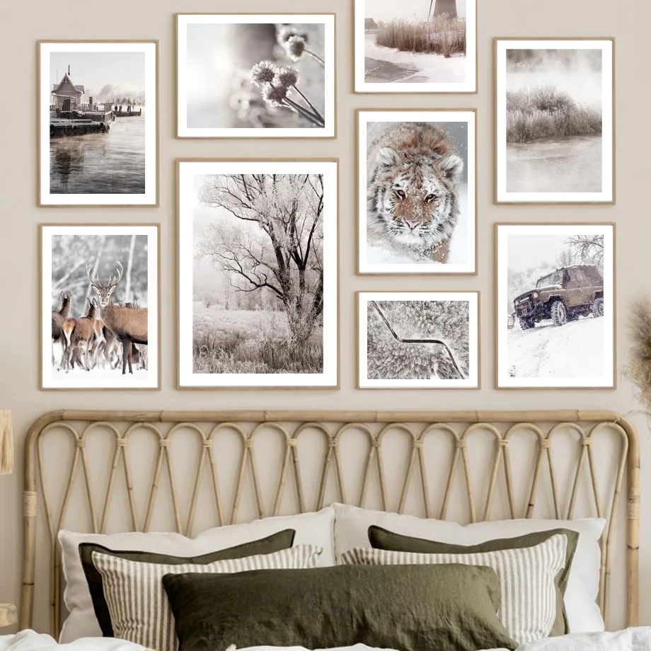 

Winter Nordic Poster Snow Tiger Deer Mountain Lake House Tree Grass Wall Art Print Canvas Painting Decor Picture For Living Room
