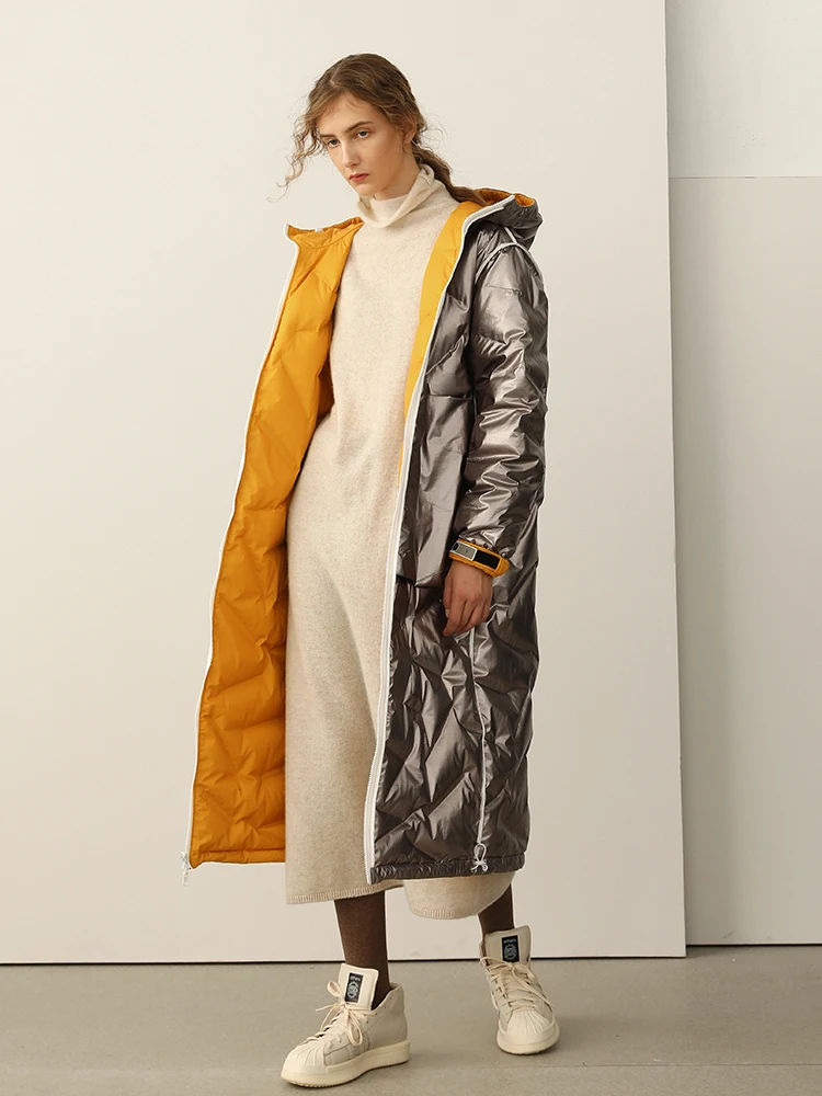 

Design Winter Original Women Brief Casual Loose Thick Warm Puffer Jacket Office Lady Reversible Hooded Long Down Coat