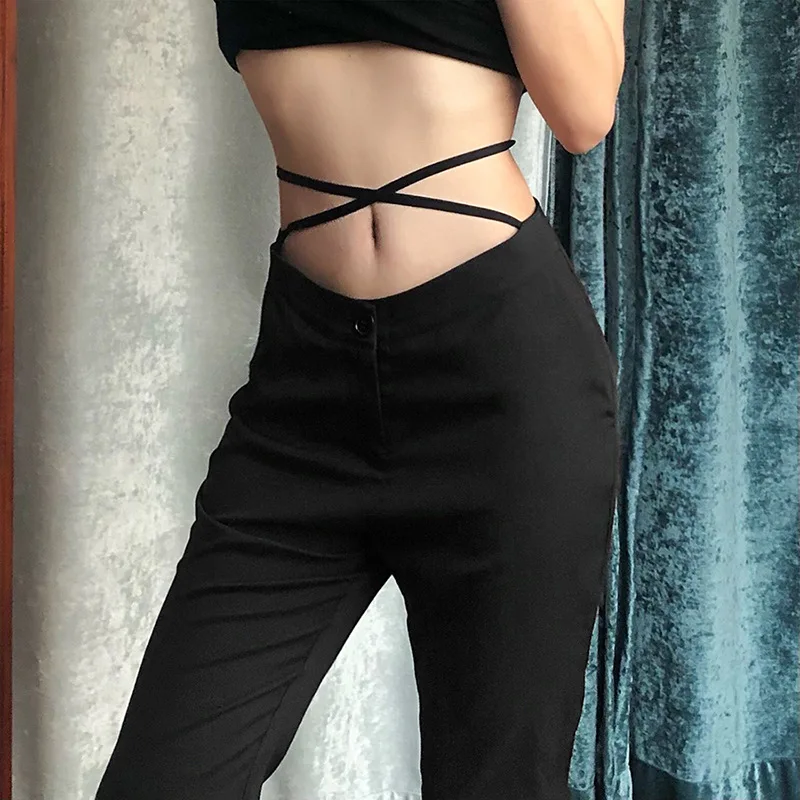 Y демо гранж брюки с высокой талией для женщин тонкий шнурок веревка расклешенные