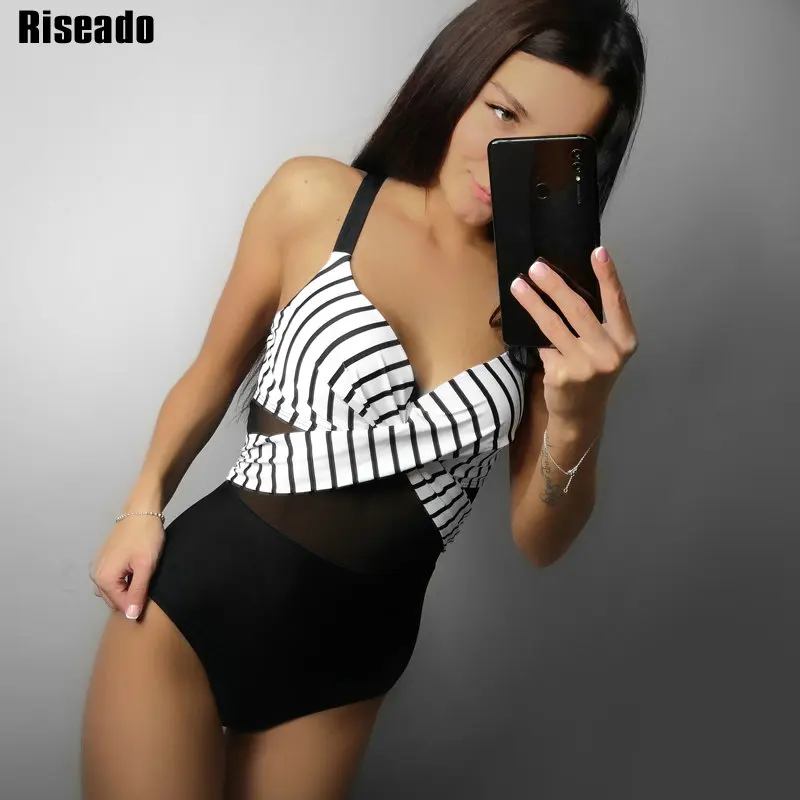 Riseado, сексуальный сетчатый сдельный купальник,, купальник для женщин, в полоску, с принтом, купальные костюмы, пуш-ап, пляжная одежда, купальники, XXL