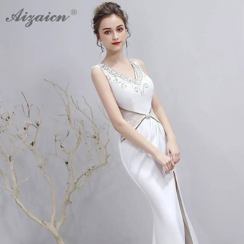 Белое сексуальное вечернее платье из шифона Русалка Длинные Cheongsam современный