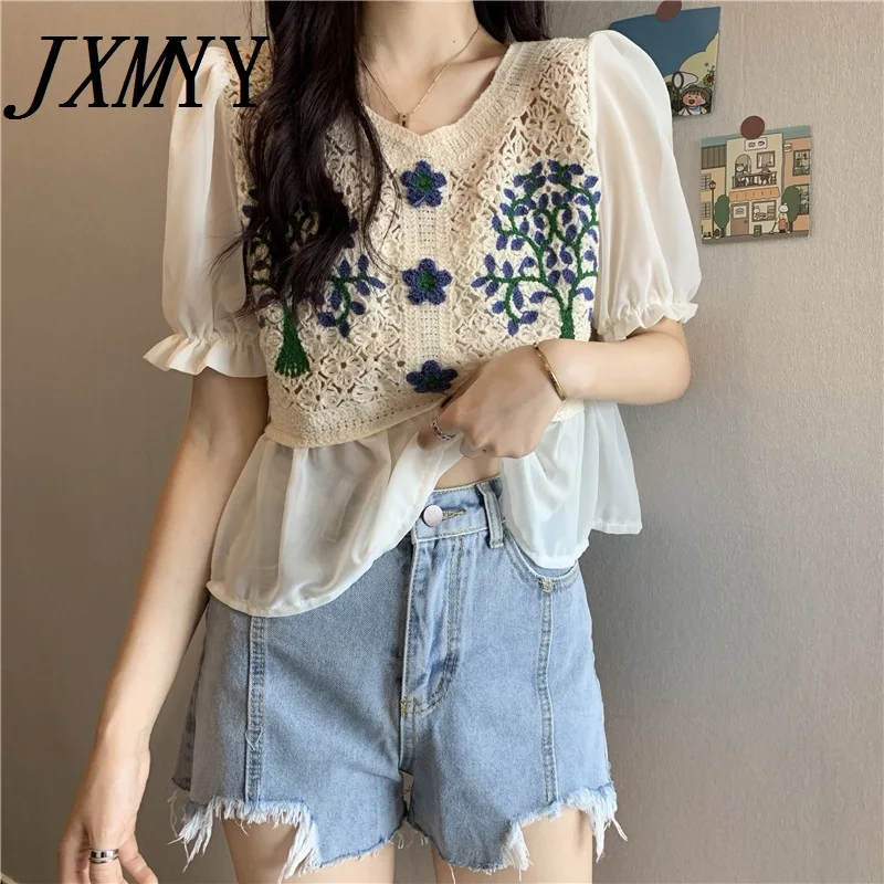 

JXMYY 2021 Summer Fashion New Comfortable French Hollow Embroidery Trumpet Sleeve Sweet Stitching Chiffon Top