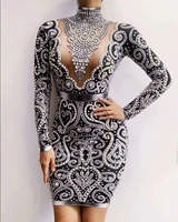 sparkly rhinestones pearls long sleeve dress sexy spandex women singer outfit birthday celebrate evening dress jazz costumes