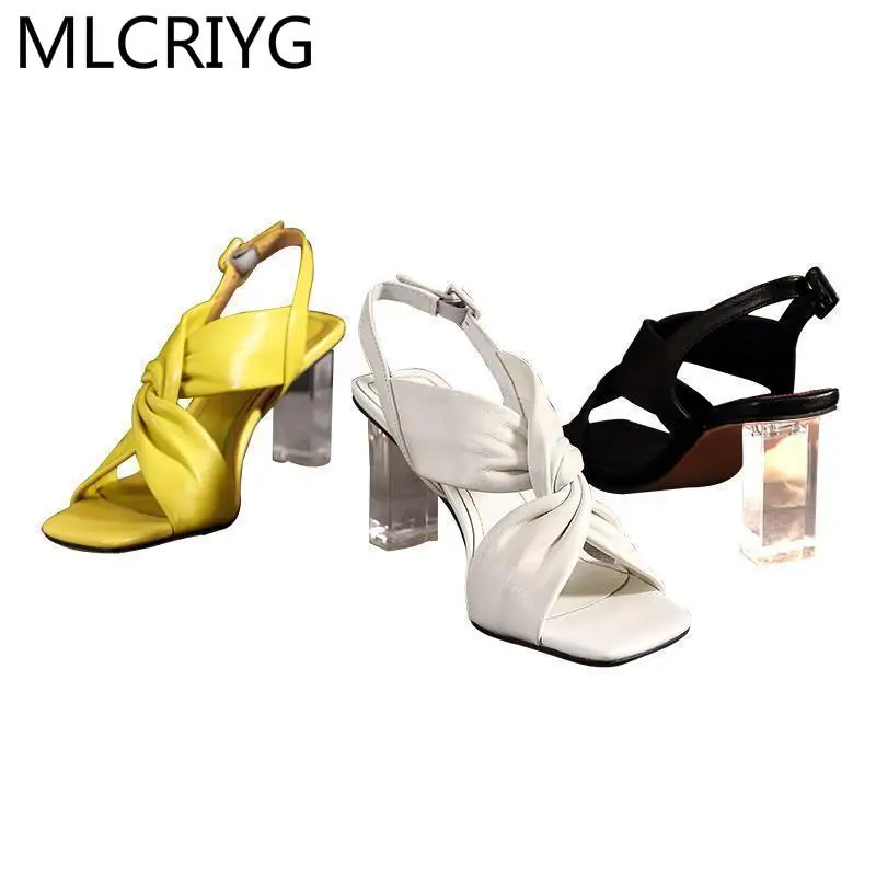 

Summer New Open-toed Crystal Heel Open-toed Sandals Female Soft Leather Thick High-heeled Square Toe Cross Strap Fashion Sandals