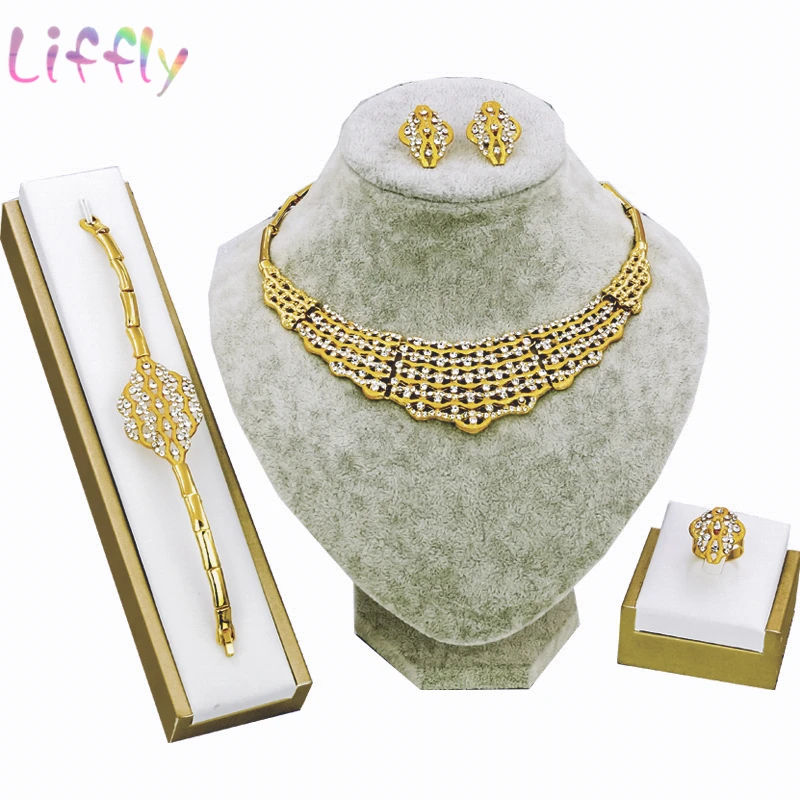 

Fashion Crystal Dubai Gold Jewelry Sets for Women Charm Necklace Earrings Ring Bracelet 4 Piece Set Fashion Jewelry Sets