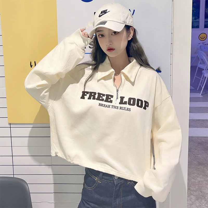 

Short Polo Shirt Sweater Women's Spring and Autumn Loose Ins Idle Style Bf Thin Hong Kong Style Chic Zipper Early Autumn Top.Kio