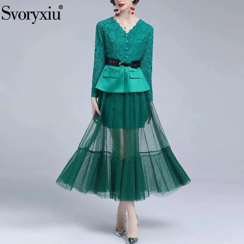 

Svoryxiu Runway Designer Autumn Sexy Party Green Lace Mesh Maxi Dress Women's V-Neck Long Sleeve Patchwork Long Dresses XXL