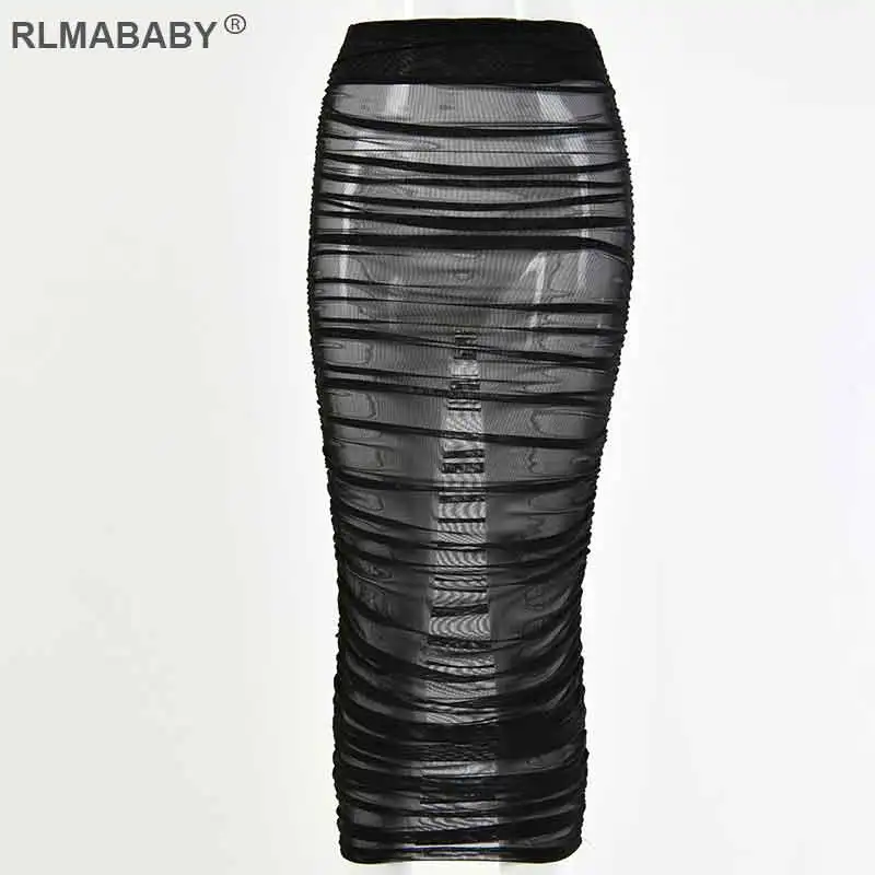 Black Летние rlmababy пляжные вечерние пикантные сетчатые юбки прозрачные длинные макси Прозрачные юбки Высокая Талия Ruched прозрачные Клубные юбки красного цвета - Цвет: Black