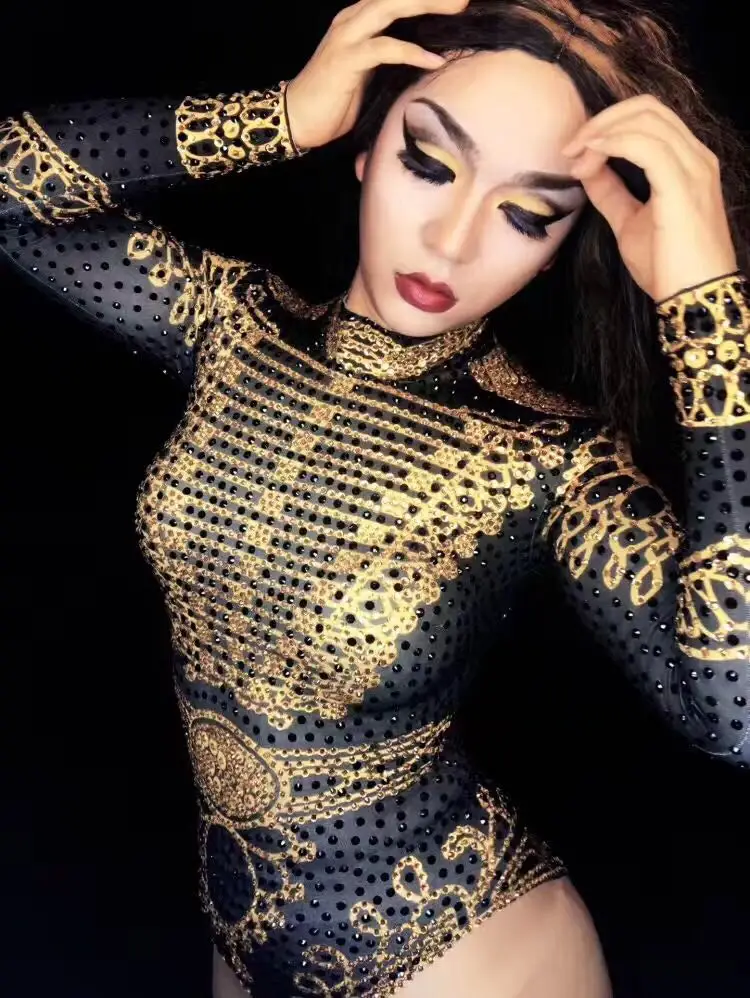 Сексуальный женский Блестящий боди черного и золотого цвета со стразами в стиле