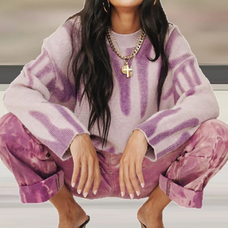 

Women Geometric Tie-Dye Round Neck Sweater Pullover Autumn Winter Vintage Loose Tops Jumper Casual Long Sleeve Knitted Sweaters