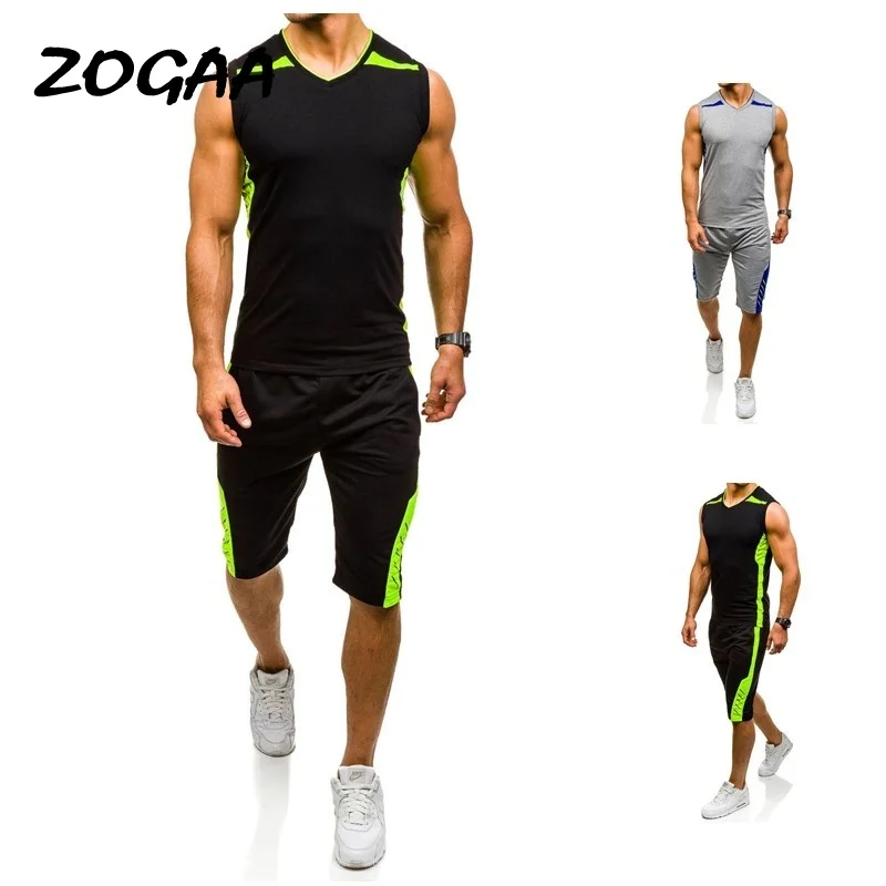 

Zogaa 2021 Brand Fitness Suits Summer 2PC Top Short Set Mens Stand Collar Tracksuit Sleeve-less T Shirt Shorts Casual Fashion