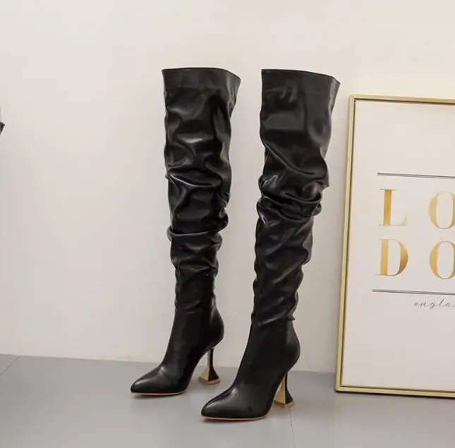 New Design Pleated Leather Over The Knee Boots Fashion Runway Strange High Heels Sexy Pointed Toe Zip Womans Shoes | Обувь