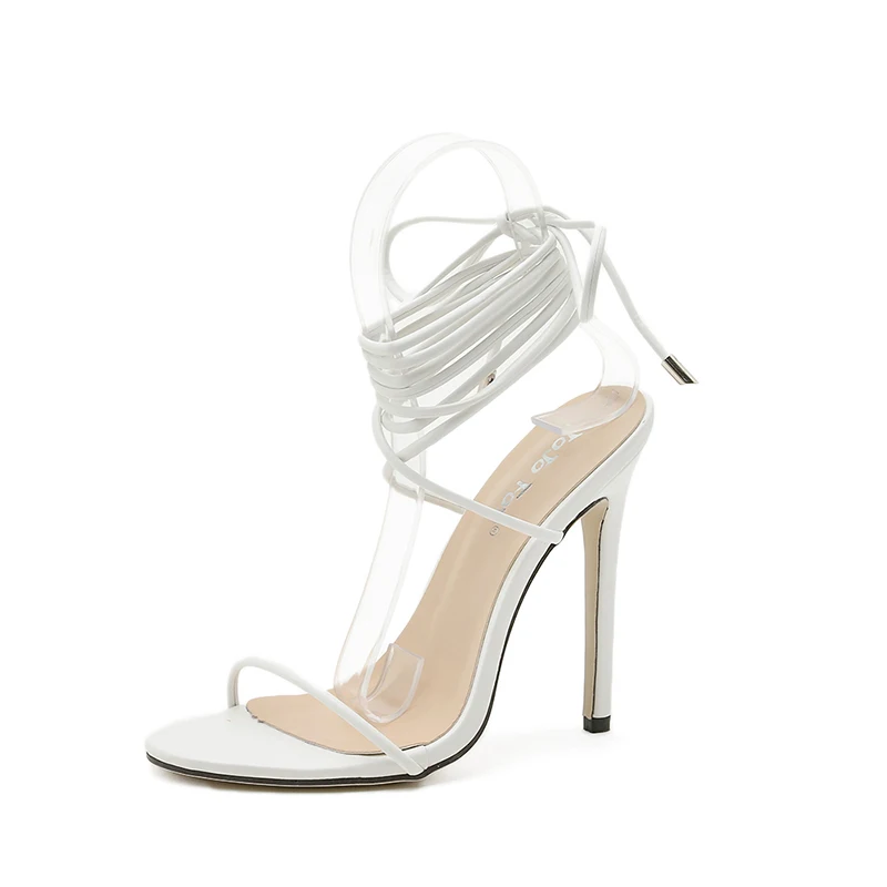 

New One Word With Cross Ankle Strap High Heels Solid Color Black-White Women's Sandals Open Toe Hollow Simple Summer Women Shoes