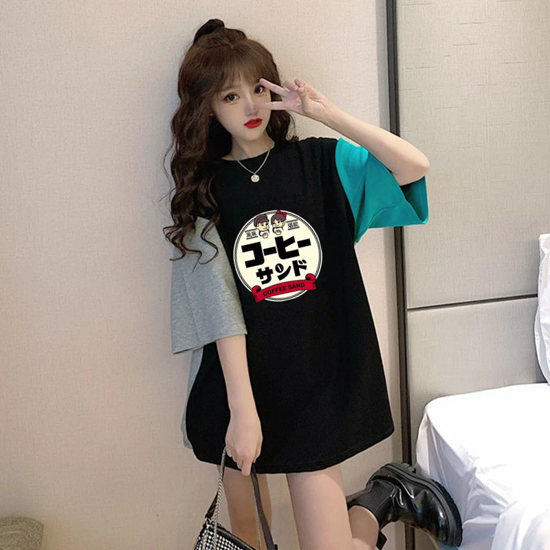 

2021 color matching summer mid-length short-sleeved women's T-shirt printing Korean casual cotton loose college style dress wome