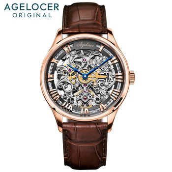 AGELOCER Skeleton Power Reserve 80 Hours Mechanical Watch Men Automatic Rose Gold Leather Mechanical Wrist Watches Reloj Hombre
