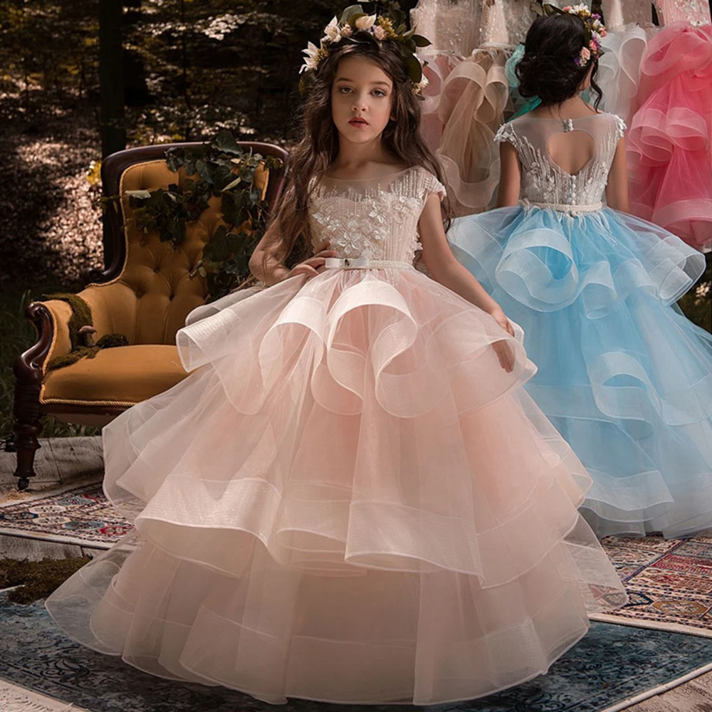 

UETEEY Elegant Flower Girls Dresses Ruffles Ball Gown Girl Birthday Dress Appliques Kid Holy Communion Gown 2022 New Arrival