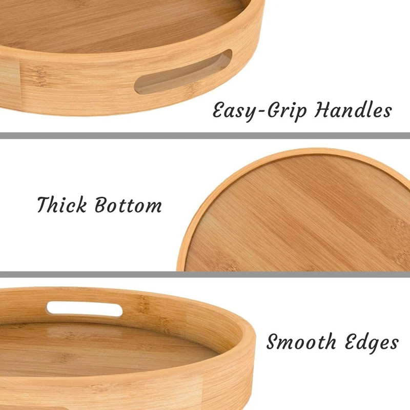 Round Serving with Handles - Wooden Bamboo Circle Tray for Coffee Table Food Ottoman | Дом и сад